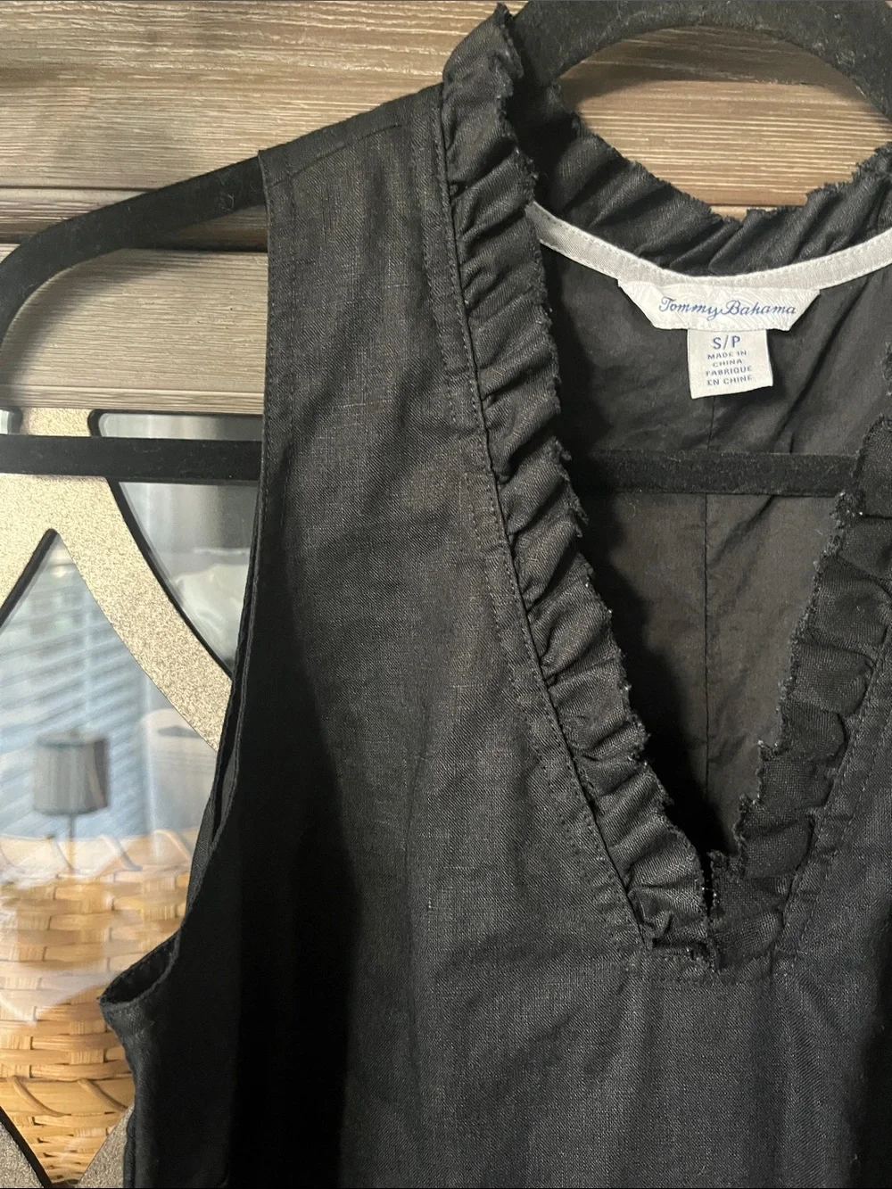 Tommy Bahama Black Ruffle V-Neck Dress 100% linen shell; 100% cotton lining